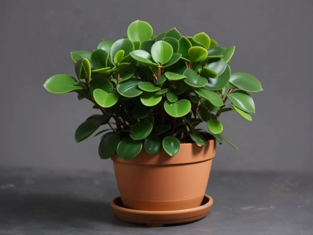 A baby rubber plant in a brown pot on a gray background.