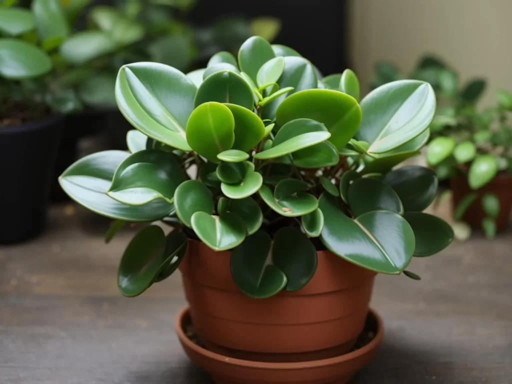 A peperomia obtusifolia in a brown pot sitting on a wooden table.